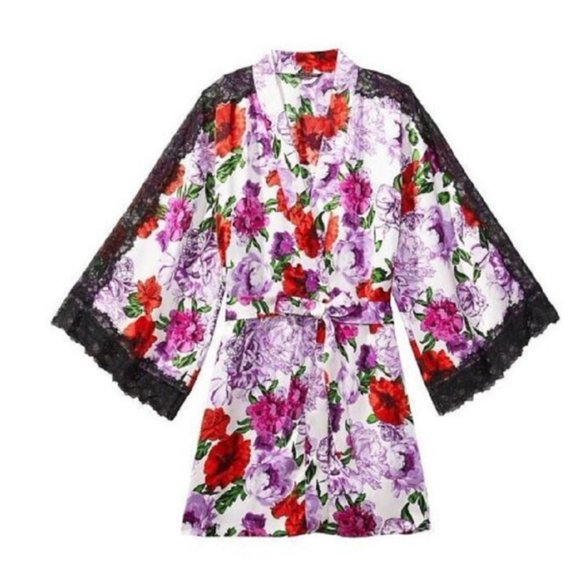 VICTORIA'S SECRET White Summer Floral Satin Kimono Lace Inset Robe Lingerie 3J15 - Picture 1 of 6